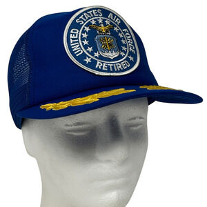 Vintage 80s US Air Force Retired Trucker Hat Cap Blue USAF Gold Scrambled Eggs